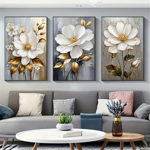 Tableau sur toile salon et chambre triptyque floral fleurs blanches et dorées 70x100