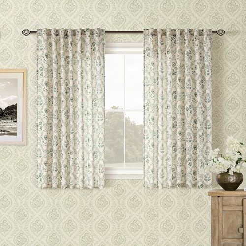 Image of Sage Green Floral Short Curtains 45 Inch Length for Kitchen Dining Room