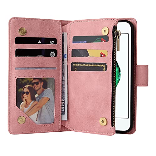 UEEBAI Wallet Case for iPhone 7/iPhone 8/iPhone SE, PU Leather Case Magnetic Closure Handbag Zipper Pocket Case Kickstand Card Slots with Hand Strap Marple Flip Case for Women - Pink