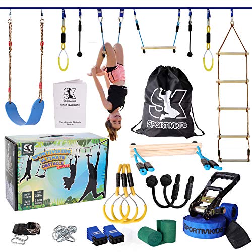 SPORTIVIKIDS Ninja Warrior Obstacle Course for Kids - 50ft Ninja Slackline with Bonus Eva Swing Set, Fun Outdoor Playsets for Backyard, 8 Obstacles with Adjustable Buckles, Capacity 300lbs