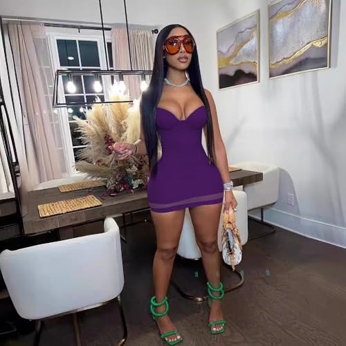 Image of Sexy Bodycon Mini Dress for Women Sweetheart Neck Spaghetti Strap Mesh Hem Party Club Night Out Short Dresses