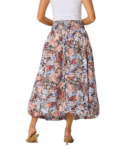 Women's Bubble Long Skirt Elastic Waist A-Line Pleated Ruffle Flowy Balloon Maxi Skirts with Pockets