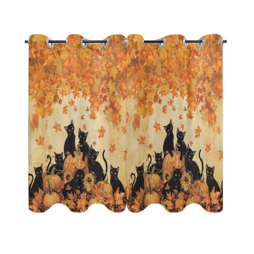 ZOUTAIRONG Blackout Curtains for Living Room Black Cat Maple Leaf Print Window Treatments 2 Panel Set Thermal Insulated Blackout Curtains for Bedroom, Thanksgiving Decorations
