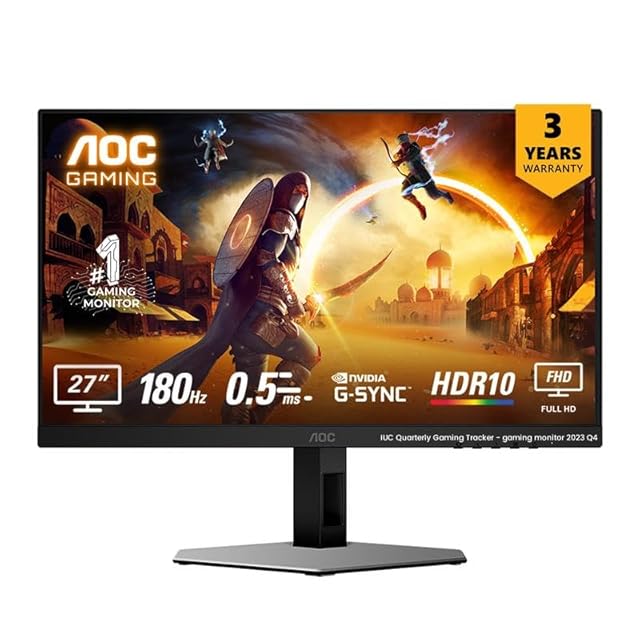 AOC 27G4E 27 Inch Gaming Monitor 1920x1080 Fast IPS, 180Hz Refresh Rate, Color Gamut-sRGB 128%, HDR10, 0.5ms (MPRT), Adaptive Sync, HDMI 2.0 & Display Port Connectivity, 178° Wide Viewing Angle view 1