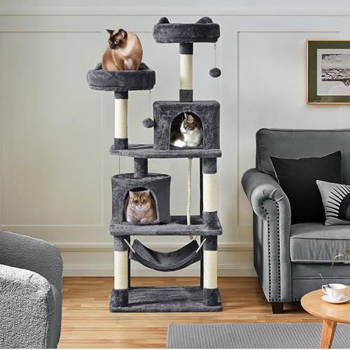 Yaheetech Cat Tree, 62.5in Multi-Level Cat Tower with 2 Cat-Ear Shaped Perches, 2 Cozy Condos, Scratching Posts & Hammock, Sturdy Indoor Activity Center for Multiple Cats, Dark Gray - Image 2