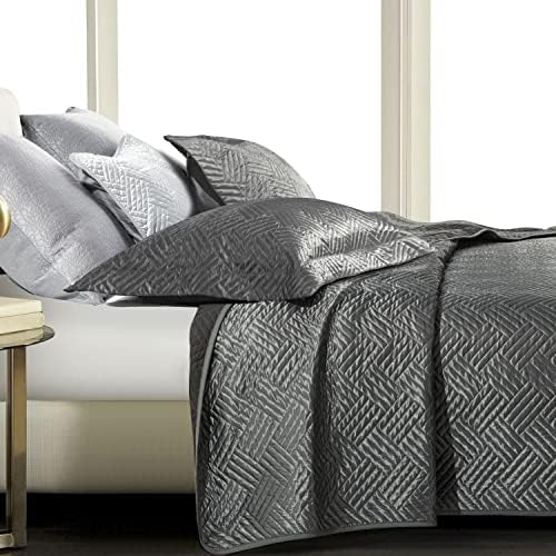 NTBAY 3 Pieces Silk Satin 106x92 King Quilt Set, Geometric Pattern Bedspread Luxury Quilted Coverlet Set for All Seasons(1 Quilt, 2 Pillow Shams), Grey