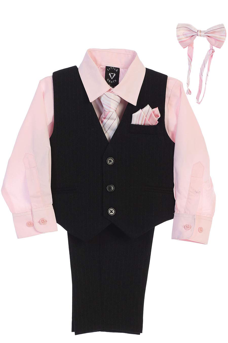 Little Gents Black Pin-Striped Vest & Pant Set with Color Shirt, Tie & Bowtie and Hanky Set (Pink, 4T)