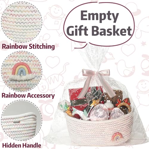 Image of SHIANCE&LI Small Woven Rainbow Basket with Gift Bags and Ribbons, Cute Empty Gift Decorative Basket For Baby Storage Nursery, Cotton Rope Basket with Handles,12 inchx 8 inch x 5 inch (Rainbow)