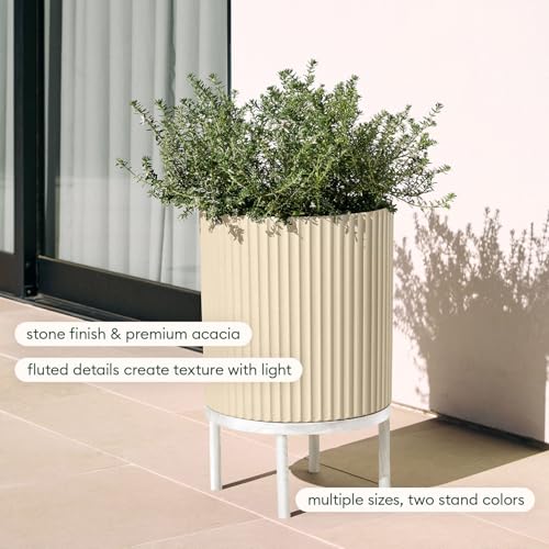 Image of Veradek Demi Series Raised Planter - Round Planter with Stand | Made From a Durable Plastic-Stone Composite & Comes With Wooden Stand. Modern Porch /Patio Decor