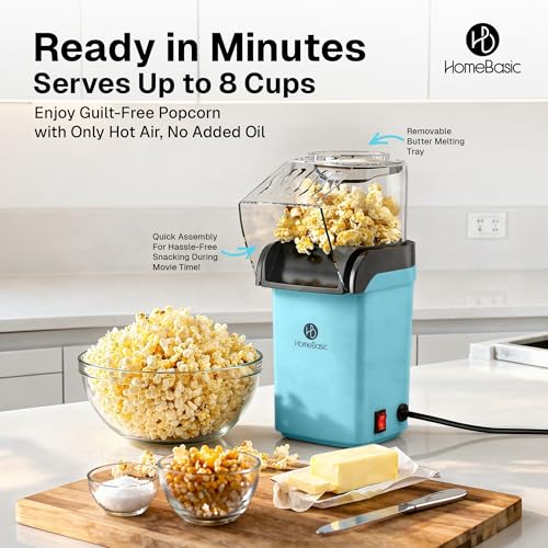 Image of HOMEBASIC 1200W Hot Air Popcorn Maker, Oil-Free Electric Popper, Fast 3-Min Popping, One-Touch Operation, Easy Clean, Fast & Healthy Snack Machine for Movie Nights, Home, Kids & Parties