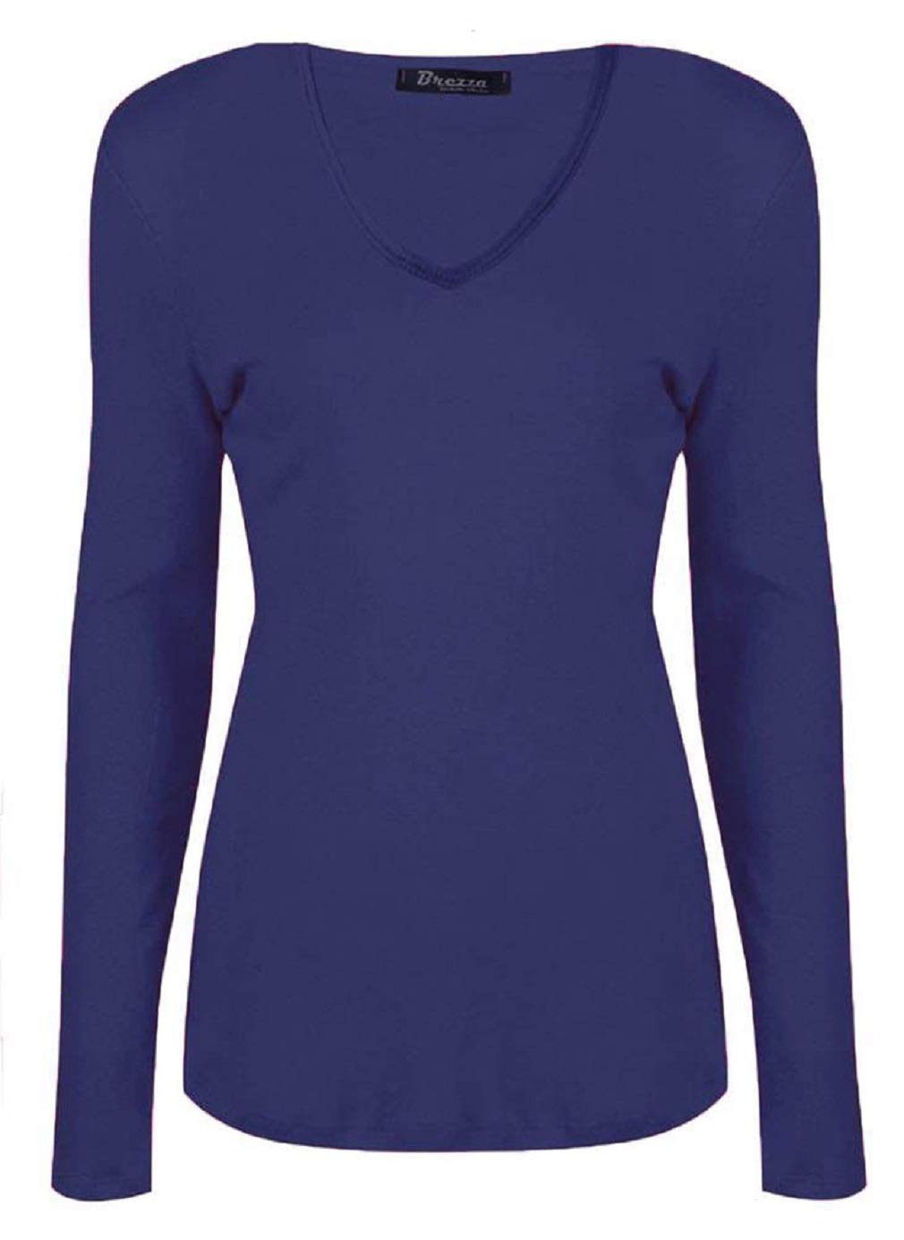 Ladies Long Sleeve T Shirt V Neck Plain Stretch Basic Womens Top Plus Size 8-26 (Navy, UK 24-26 XXXL)