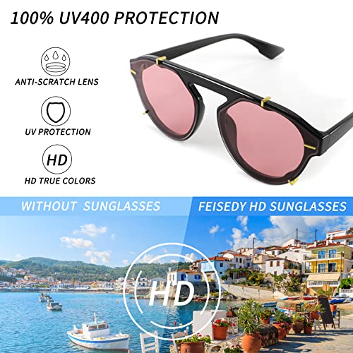 FEISEDY Women Vintage Round Sunglasses Flat Top Studded Frame Simple Luxury Sunglasses Men B23034