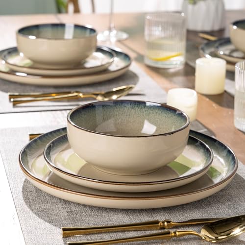 Image of GBHOME 32 Pieces Stoneware Double Bowls Dinnerware Sets for 8, Ceramic Plates and Bowls Set with Reactive Glaze, Scratch Resistant Dishes Set, Dishwasher & Microwave Safe