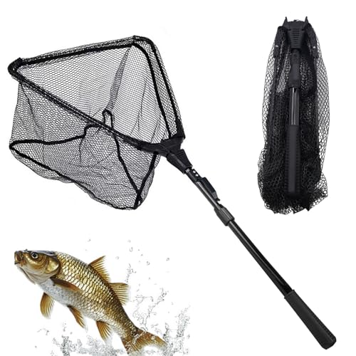 POPAPIE 1 Peça Rede de Pesca Telescópica, Rede de Pesca Dobrável Triangular, Rede de Pesca Recoberta, Saca-Deras de Pesca com Cabo Antiderrapante para Kayak, Salmão, Peixe Gato Baixo (Preto)