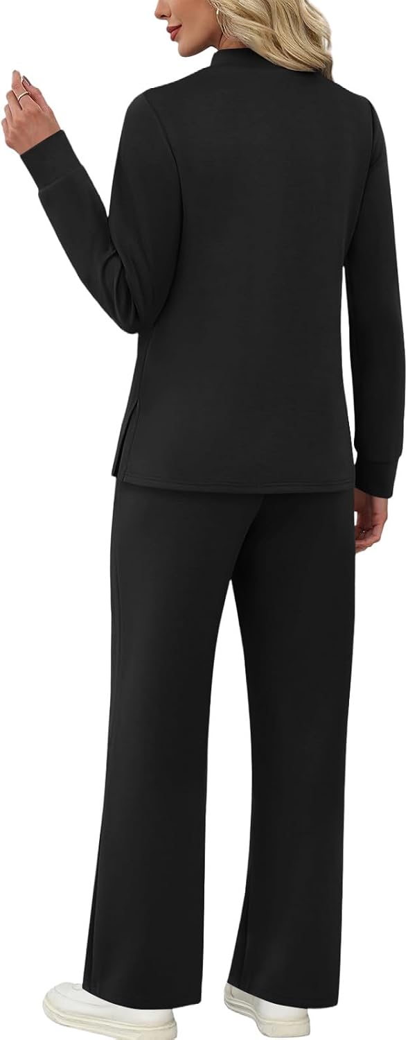 Two Piece Sets for Women Travel Vacation Outfits Long Sleeve Mock Neck Top Lounge Drawstring Wide Leg Pants with Pockets