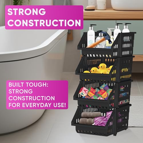 Skywin TidyFriend Small Plastic Stackable Storage Bins for Pantry,4 Pack Open Front Storage Bins, Toy Organizers, Kitchen, Bathroom Essentials (Black)