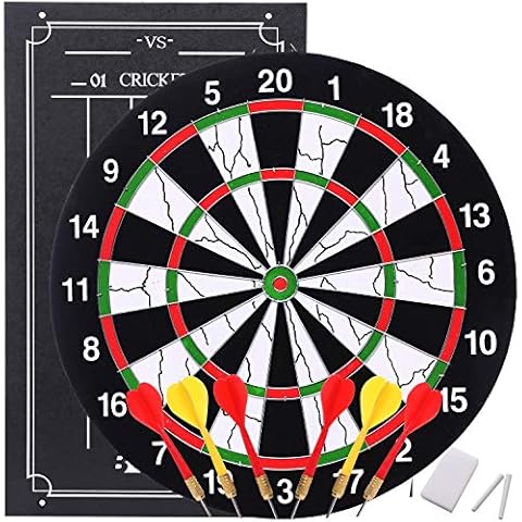 BETTERLINE Double-Sided Flocked Dart Board Set - Includes 6 Darts and Cricket Scoreboard Kit - 43 Centimeters (17 Inches) Diameter Dartboard Cover