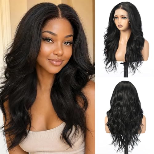 purshine Black Long Curly Wig, 13x4 Lace Front Synthetic Wig with Baby Hair, Natural Looking Heat Resistant Hair for Women Daily Use 22IN(#1)