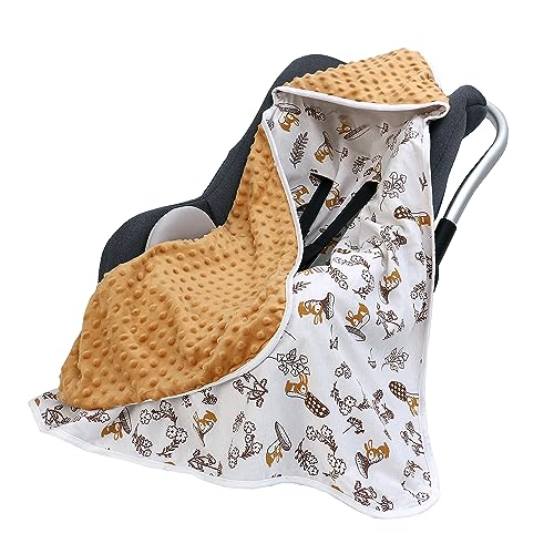 Image of Amo Nenes Minky Dot Baby Car Seat Blanket, Warm Swaddle Blanket for Infants & Newborns, Universal Fit, Rabbit Mushroom Pattern, 35.4"x35.4"