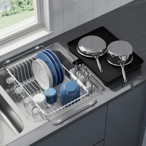 Image of JASIWAY White Dish Drying Rack in Sink with Drainboard and Utensil Holder