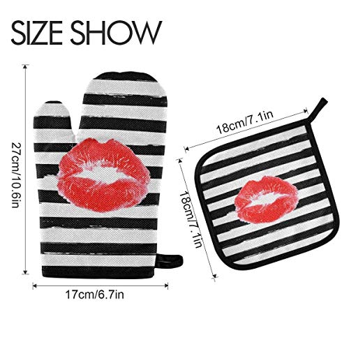 Aslsiy Red Lips Oven Mitts And Pot Holders Sets Stripe Kitchen Glove Holder Heat Resistant Kitchen Mittens For Microwave Bbq Baking Grilling #TOP1