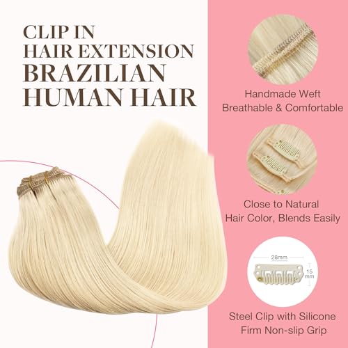 Image of GOO GOO Clip in Hair Extensions Real Human Hair, Remy Human Hair Extensions Clip ins for Women, Natural Human Hair, 14inch 120g 7Pcs, 613R Bleach Blonde