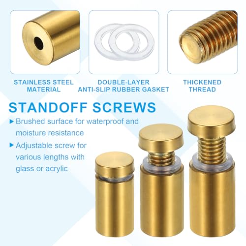 Image of PATIKIL 3 /4 inch x 1.2 inch Standoff Screws, 12 Pack Stainless Steel Wall Mount Sign Standoffs Mounting Hardware Advertising Nail for Hanging Acrylic Picture Frame, Gold