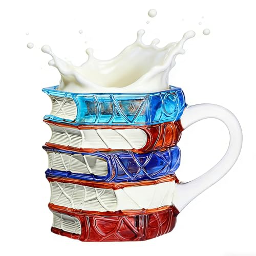 Generico da caffè con libro, design 3D, 12x8,5 cm, con libro capitolo, novità bevitore di caffè dipinta in 3D, ceramica robusta, per donne, uomini, casa, cucina, ufficio, bar, compleanno, Natale