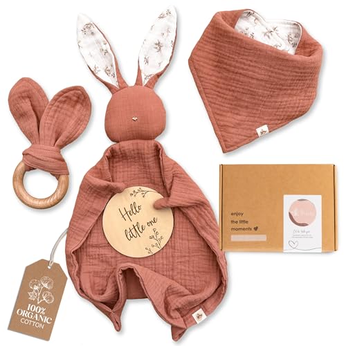 Image of Mikito Organic Cotton Newborn Gifts Box, Unisex Loveys & Accessories incl. Muslin Baby Comforter + Baby Bandana Bib + Wooden Teether + Birth Announcement Sign