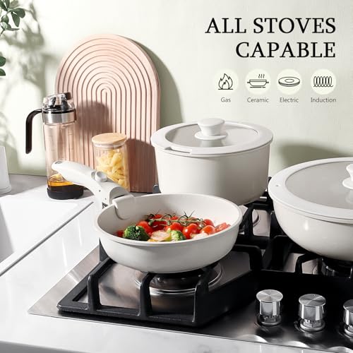 Image of GiPP Non Stick Frying Pans Set Removable Handle, Oven Safe Nonstick Fry Pan Skillets with Detachable Handle, Granite Coating Healthy Cooking Compatible with All Stovetops, PFOA Free, RV Cookware set