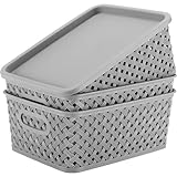 MaxGear Organization & Storage, Plastic Bins with Lid, Woven Basket, Lidded Baskets, Medium, Grey, 3 Pack