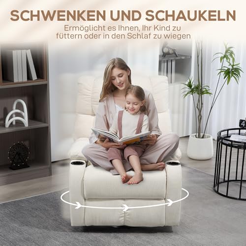 HOMCOM Relaxsessel Fernsehsessel mit Liegefunktion, Schaukelfunktion, Drehbar TV-Sessel mit Fußstütze, Taschenfederkern und Becherhalter, für Wohnzimmer, Beige – Bild 6