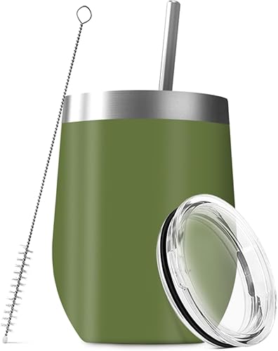 Vaso de vino de 12 onzas con tapa con pajita, vaso de vino de acero inoxidable, doble pared con aislamiento al vacío, tazas de viaje sin tallo