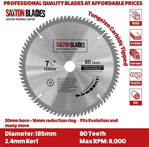 TCT18580T20B TCT Circular Saw Blade 185mm x 80T x 20mm Bore (16mm ring) fits Evolution Bosch Makita etc