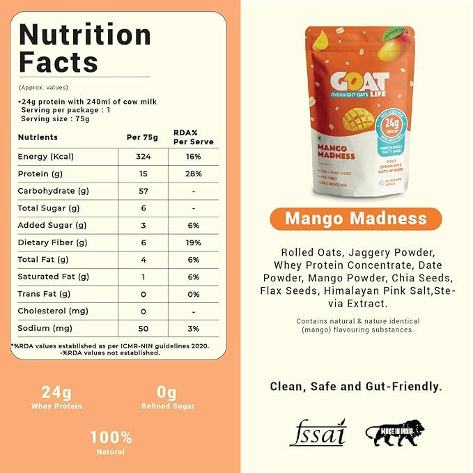 Image of GOAT Life Overnight Oats | 20g Protein | High Fibre | Nutrient-Rich | No Sugar | Gluten-Free & Vegan | Supports Weight Management & Muscle Recovery | Instant Breakfast (Mango Madness, Pack of 7)