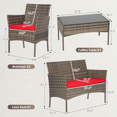 Image of FDW 4-Piece Patio Furniture Set | Gray & Red |Outdoor Wicker Furniture