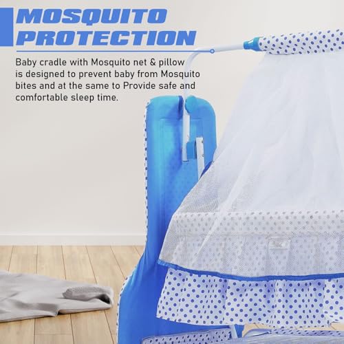 Image of PANDAORIGINALS Jumbo Baby Cradle|Soft Cushion Baby Jhula /Paalna Cute cot with Mosquito Net for 0-9 Months Boys and Girls Super Strong Soft Cushion and Swing Lock Function (Luxury Blue)