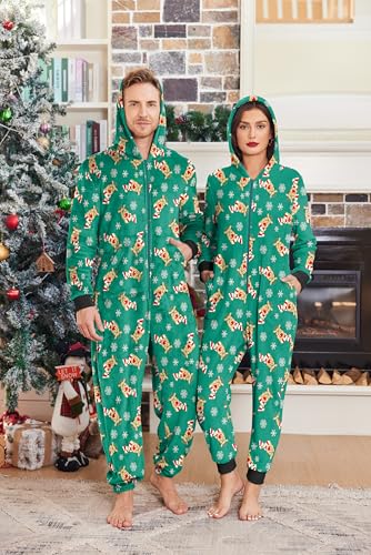 Ekouaer Christmas Matching Onesie for Couples Fleece Hoodie One Piece Zipper Pajamas with Pockets S-XXL2