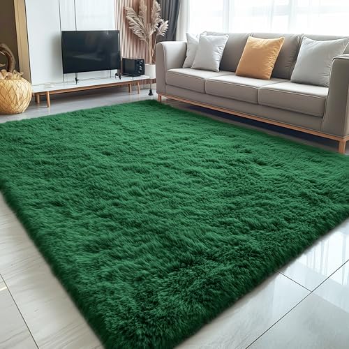 OLANLY 5x8 Machine Washable Large Area Rugs for Living Room, Bedroom, Soft Fluffy Shaggy Bedside Rug, Indoor Floor Carpet for Kids Girls and Boys, Dorms, Nursery, Home Decor Aesthetic, Dark Green