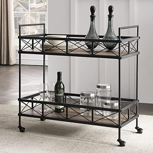 O&K FURNITURE Industrial Bar Serving Cart, Kitchen Storage Cart, 2-Tier Rectangular Rolling Bar Cart for Home Kitchen, Vintage Brown, 31.5”W x 16”D x 32”H, (1-PC)
