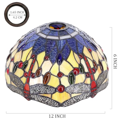 Image of 12 Inch Tiffany Lamp shade Replacement Only(Orange Blue Dragonfly) | Stained Glass Lampshade Only 1-5 /8-Inch Fitter Opening for Arched Floor Lamp, Torchiere Lamp, Pendant Light
