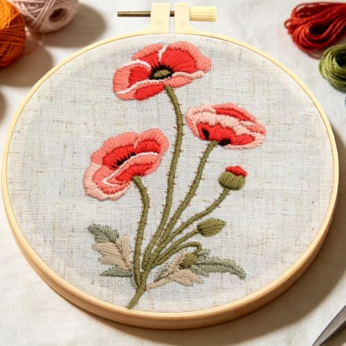 Image of Vintage Flowers Embroidery Kits for Beginners Adults, Floral Hand Embroidery Starter Kit, Stamped Cross Stitch Kits DIY Needlepoint Kits for Beginners Adult, Embroidery Hoop, Thread and Video Tutorial
