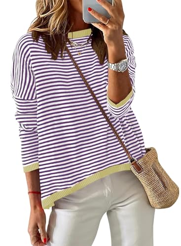 Cuptacc - Suéteres de mujer de manga larga de algodón con rayas, camisetas tipo túnica de cuello redondo, Morado (, M
