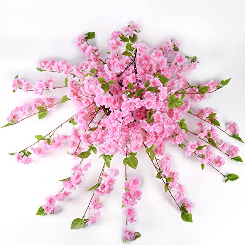 Artificial Flowers Hanging Basket With Peach Blossom Silk Vine Flowers For Outdoor/Indoor, Artificial Hanging Plant In Basket, Ivy Basket Artificial Hanging Plant For Patio Lawn Garden Decor (Pink) #TOP4