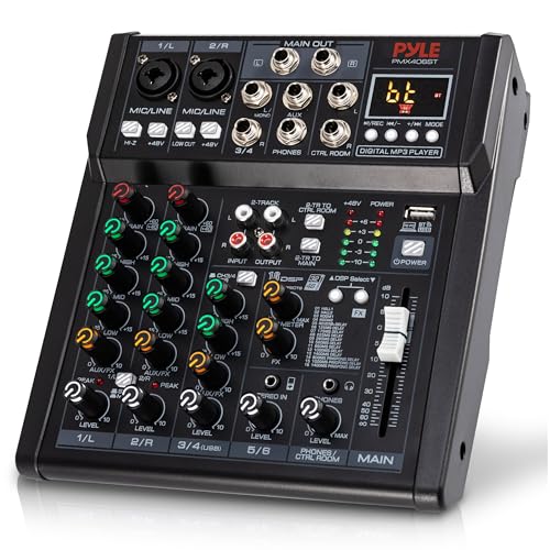 Pyle 6 Channel Studio Mixer - Small Footprint, USB - PC Recording, Bluetooth In, MP3 Player, DSP Effects, +48V Phantom Power, XLR Combo Inputs, Control Room Out, Smooth Dials and Faders - PMX406ST