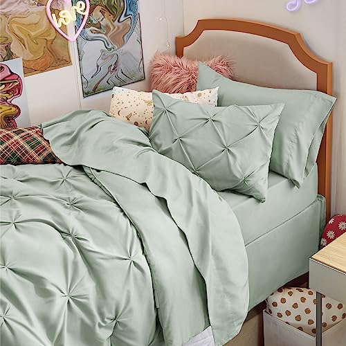 Image of Bedsure Twin Comforter Set Sage Green - Bed in a Bag Twin Size Bedding 5 Pieces, GentleSoft Pintuck Bed Set Gift for Family, All Season Down Alternative Comforter with Sheets, Pillowcase & Sham