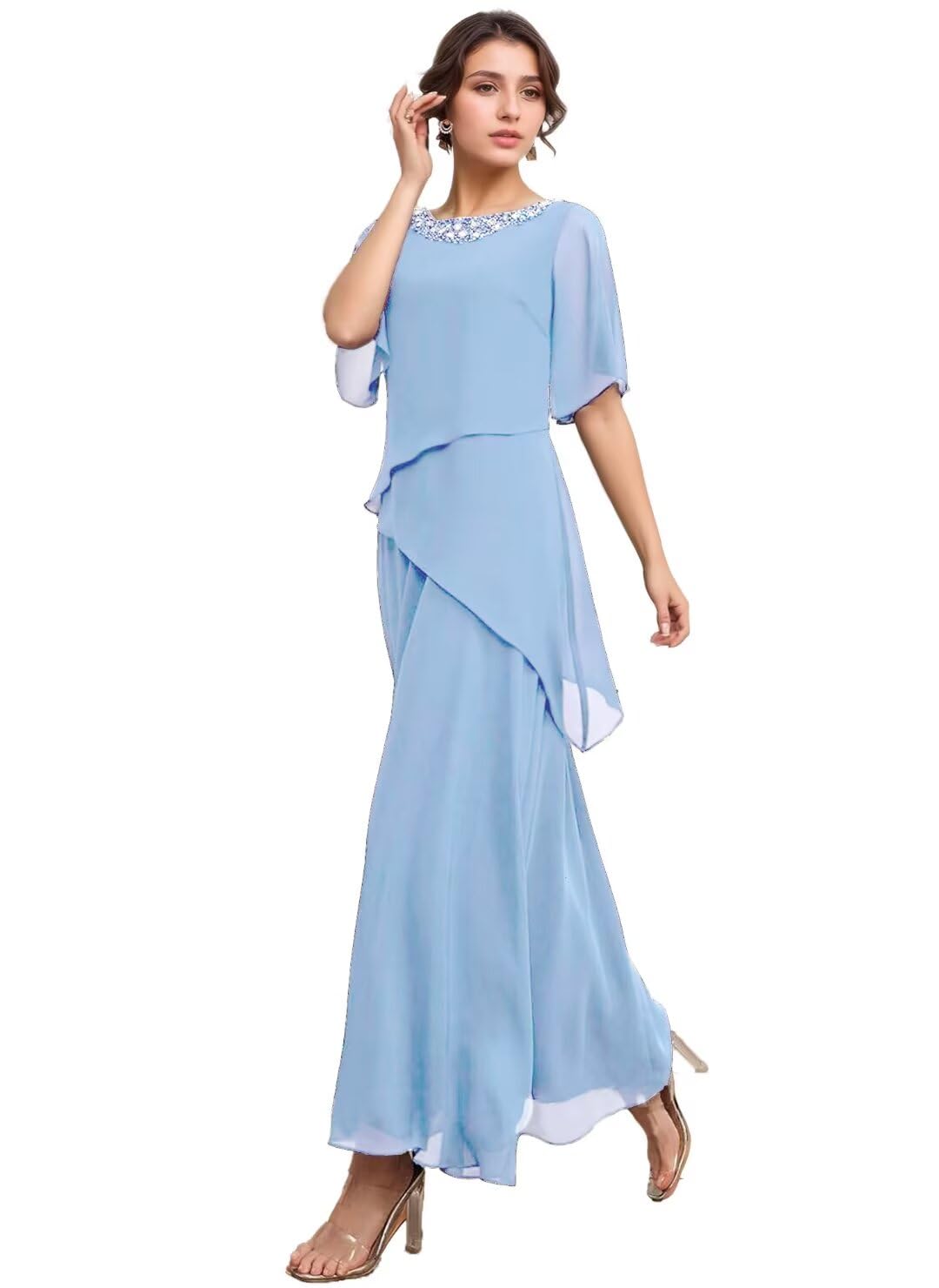 Long Mother of The Bride Dresses for Wedding Short Sleeves Chiffon Pleated Formal Dress for Women 2025