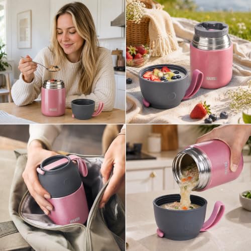 Image of Insulated Food Jar for Hot & Cold Food for Kids Adult,17 oz Soup Thermo Hot Food Containers for Lunch, Triple Layer Insulation Stainless Steel Food Jar with Spoon (Pink)
