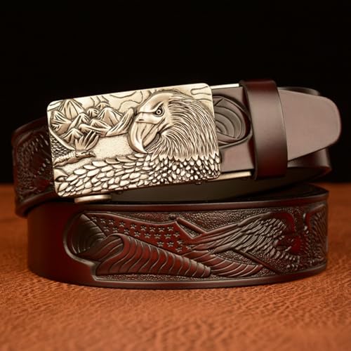 Men's Handmade Eagle Embossed Belt - 3D Silver Automatic Ratchet Buckle Holeless Cowboy Jeans Belt2