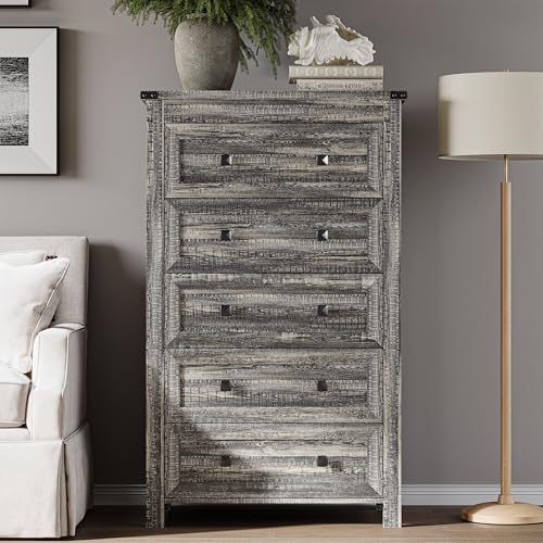 Image of BORNOON Tall 5-Drawer Dresser, Modern Wooden Storage Chest of Drawers, Dresser TV Stand, Wood Drawer Organizer with Metal Handles for Bedroom, Living Room, Hallway
